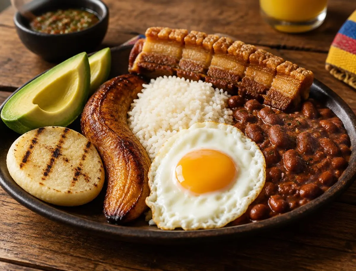 Plato colombiano con chicharrón, arroz, frijoles, huevo frito, maduro, aguacate y arepa