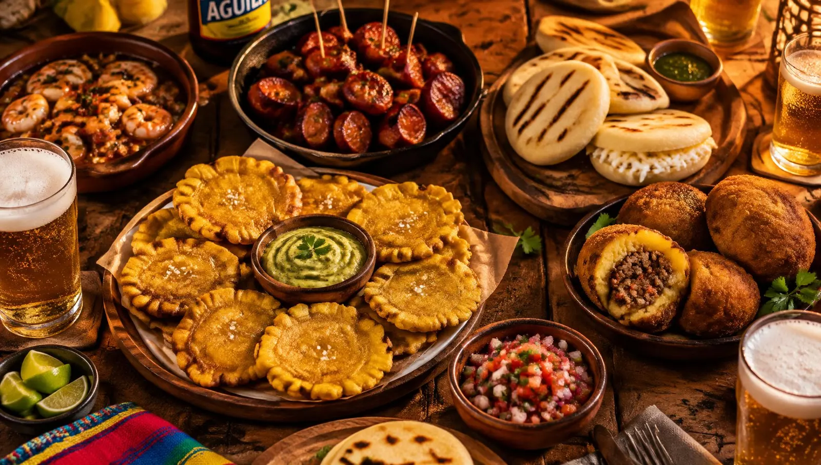 Mesa con patacones, arepas, chorizo, papas rellenas y cervezas